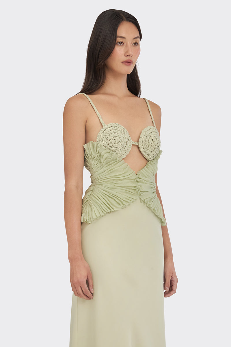 Green spiral lotus leaf maxi dress by Stolen Stores, flowing fabric with a stylish leaf-inspired pattern.