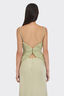 Green spiral lotus leaf maxi dress by Stolen Stores, flowing fabric, and elegant design perfect for summer or casual wear.
