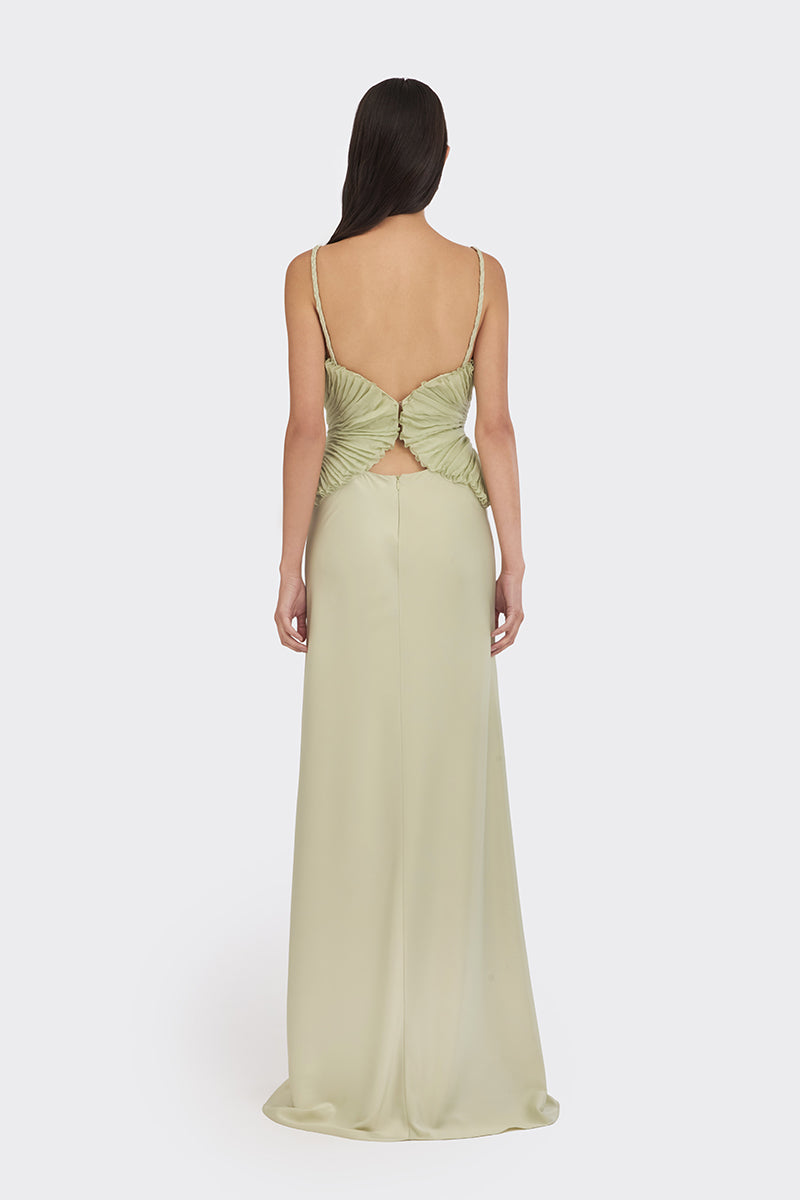 Green spiral lotus leaf maxi dress by Stolen Stores featuring flowing fabric and elegant design.
