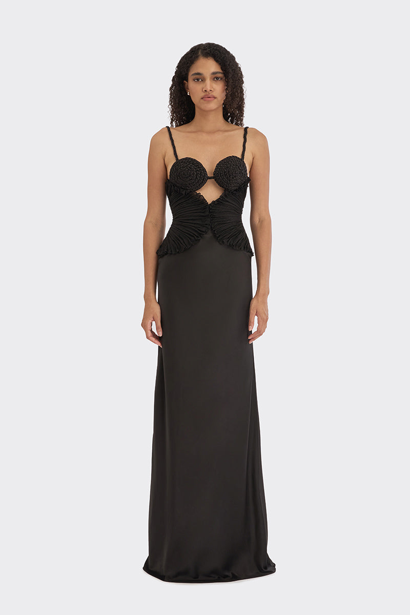 SPIRAL LOTUS LEAF MAXI DRESS IN BLACK - CULT MIA