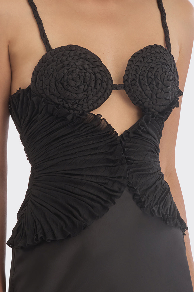 Black spiral lotus leaf maxi dress by Stolen Stores, flowing design with spiral leaf details, elegant full-length dress.