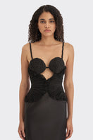 Black spiral lotus leaf maxi dress by Stolen Stores, flowing fabric with a stylish spiral leaf top design.