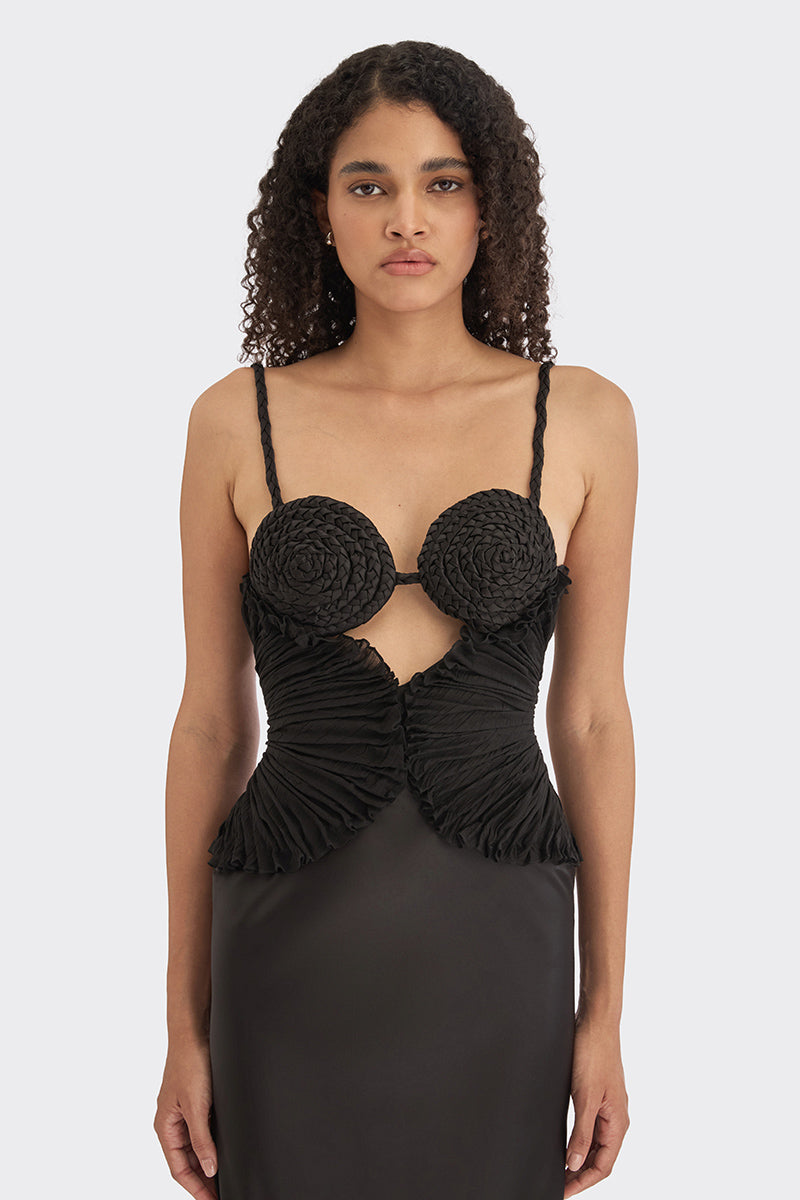 Black spiral lotus leaf maxi dress by Stolen Stores, flowing fabric with a stylish spiral leaf top design.