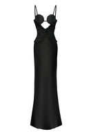 Black spiral lotus leaf maxi dress from Stolen Stores featuring a flowing, elegant design with spiral and leaf-inspired details.