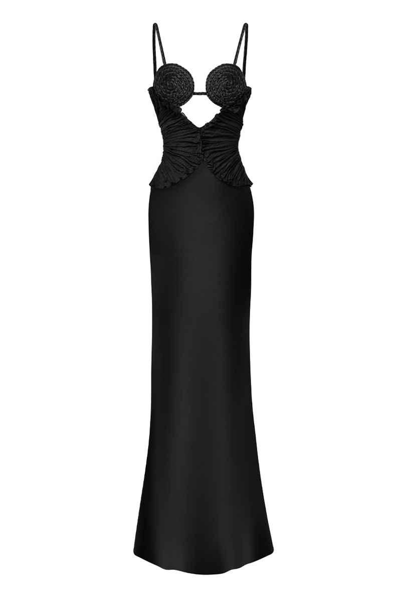 Black spiral lotus leaf maxi dress from Stolen Stores featuring a flowing, elegant design with spiral and leaf-inspired details.