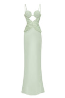 Green spiral lotus leaf maxi dress by Stolen Stores, flowing fabric with a stylish, layered design perfect for summer wear.