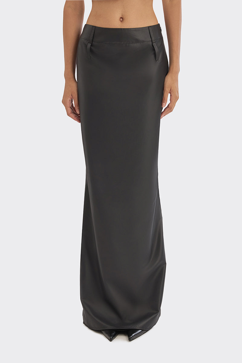 Black spiral low waist maxi skirt by Stolen Stores, featuring a flowing design and comfortable fit.