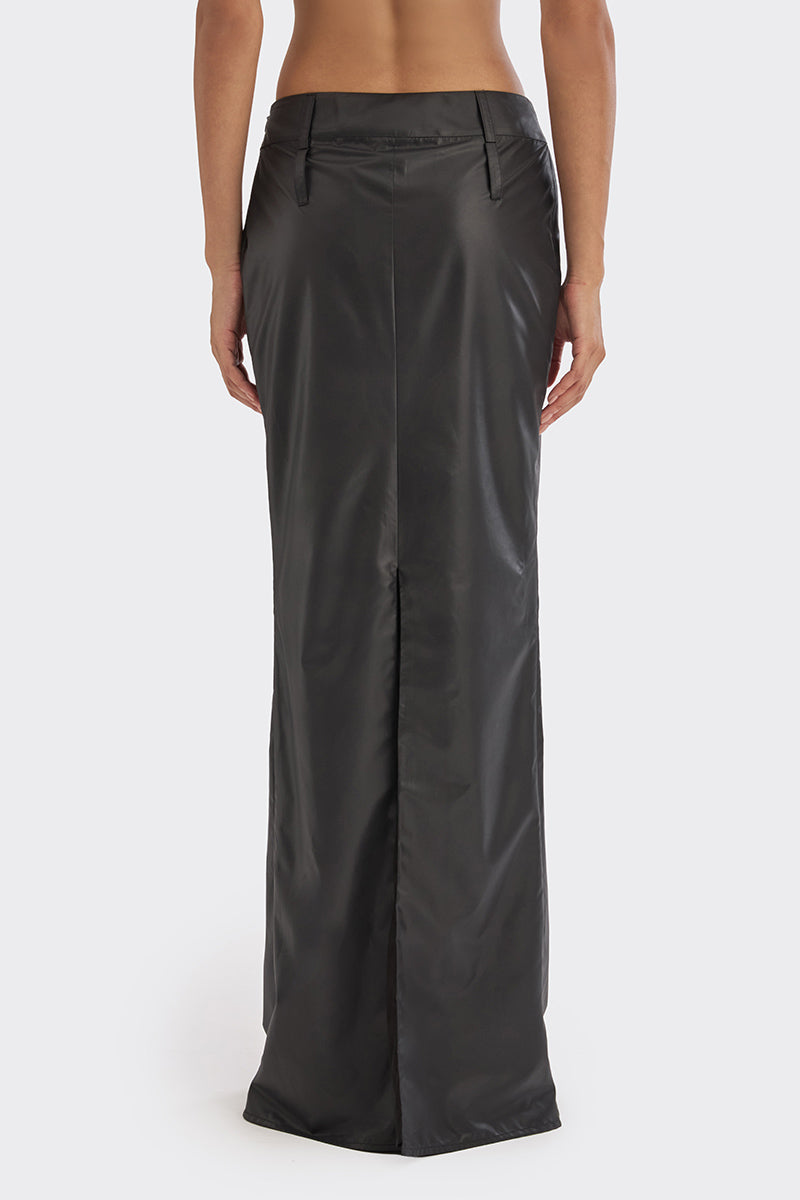 Black spiral low waist maxi skirt by Stolen Stores, flowing fabric with a relaxed fit and stylish design.