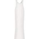 Off-white spiral cowl maxi dress by Stolen Stores, featuring flowing fabric and elegant draped design.