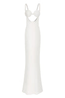 Off-white spiral cowl maxi dress by Stolen Stores, featuring flowing fabric and elegant draped design.