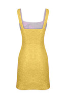 Oceanus St. Barth hand-beaded crystal yellow mini dress, close-up of detailed beadwork and vibrant fabric.