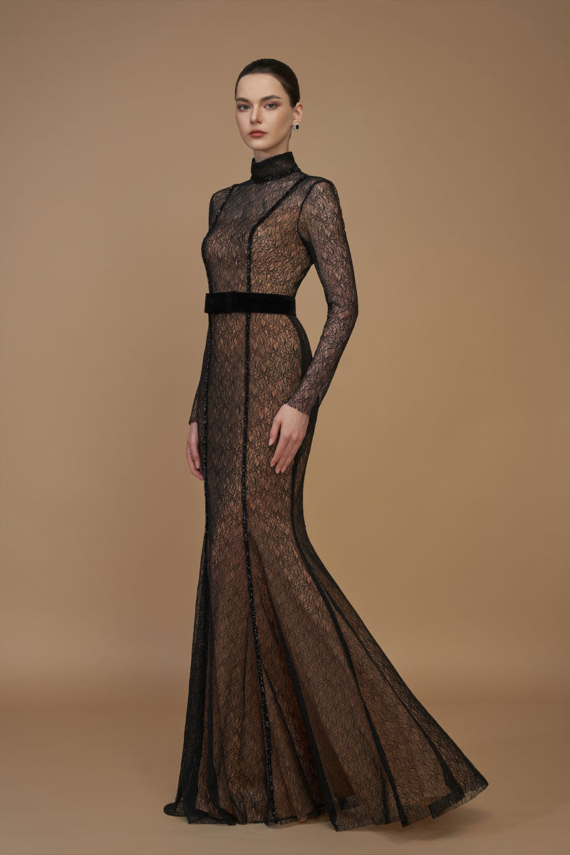 Black mermaid gown with stand collar, lace bodice, and Lyon velvet skirt by I.H.F, featuring long sleeves and elegant design.