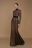 Elegant black gown featuring vine guipure lace and Lyon velvet with a stand collar and long sleeves, by I.H.F.
