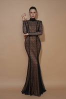 Black velvet mermaid gown with vine guipure lace, stand collar, and long sleeves from I.H.F.