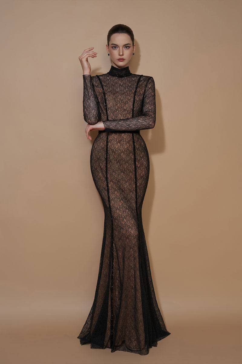 Black velvet mermaid gown with vine guipure lace, stand collar, and long sleeves from I.H.F.