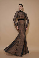 Black VINE GUIPURE LACE and Lyon velvet mermaid gown with stand collar and long sleeves by I.H.F. elegant evening dress.