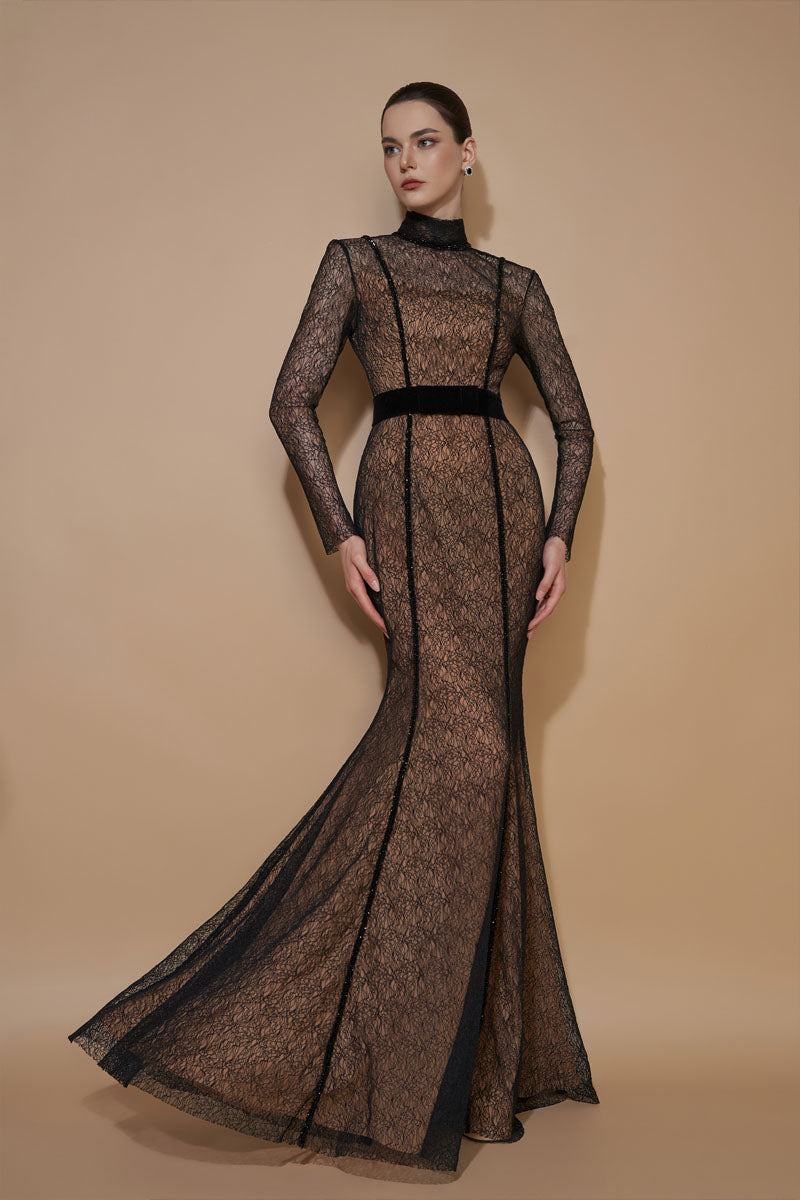 Black VINE GUIPURE LACE and Lyon velvet mermaid gown with stand collar and long sleeves by I.H.F. elegant evening dress.