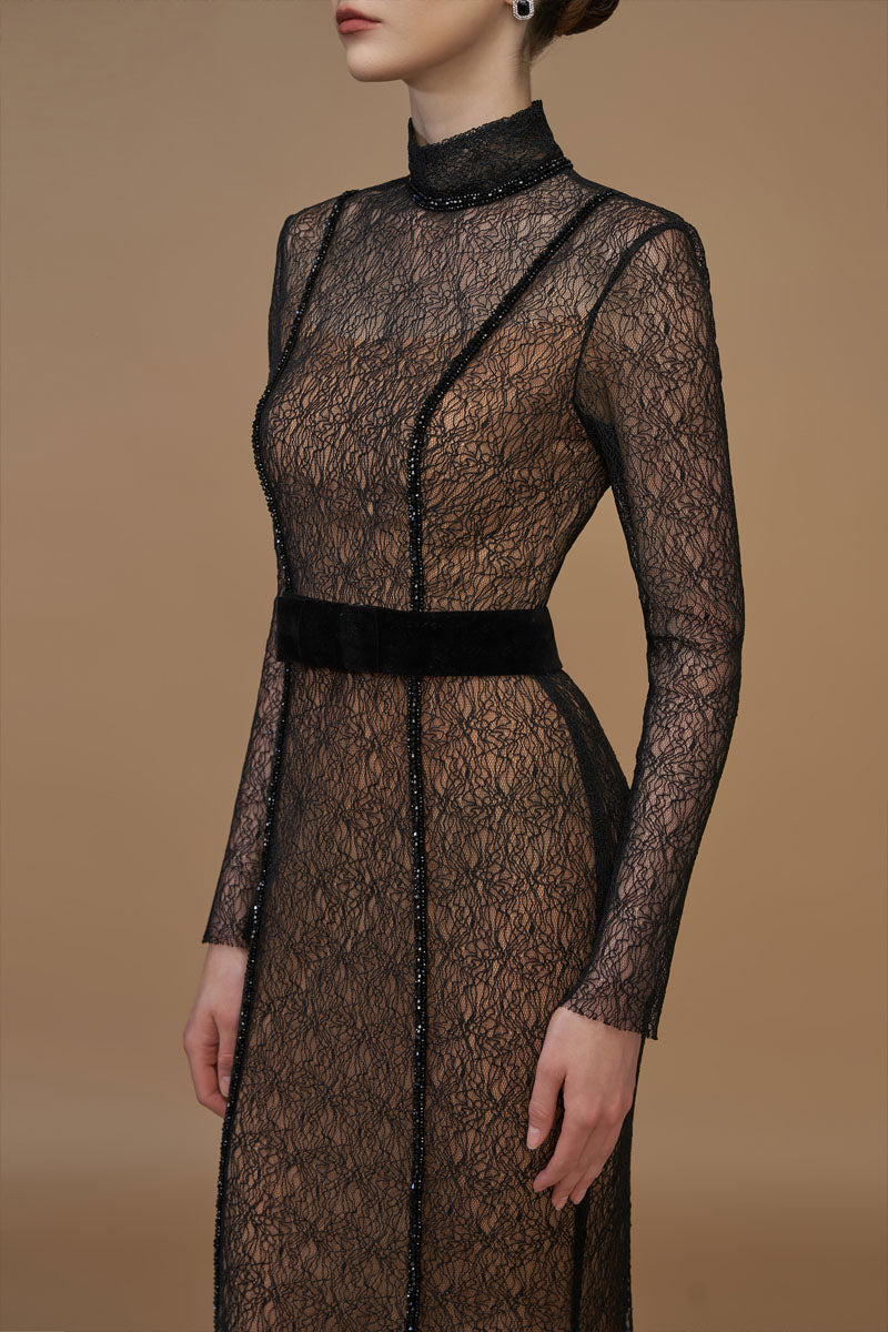 Black V.I.F. mermaid gown with lace and velvet, featuring a stand collar and long sleeves, elegant evening dress.