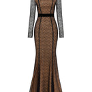 Black mermaid gown with stand collar, long sleeves, lace bodice, and Lyon velvet skirt by I.H.F.