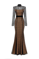 Black mermaid gown with stand collar, long sleeves, lace bodice, and Lyon velvet skirt by I.H.F.