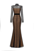 Black mermaid gown with stand collar, long sleeves, lace Guipure detailing, and Lyon velvet fabric from I.H.F.