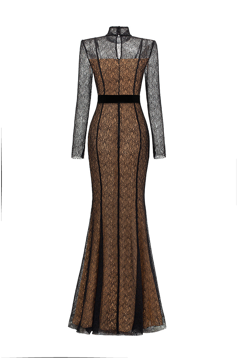 Black mermaid gown with stand collar, long sleeves, lace Guipure detailing, and Lyon velvet fabric from I.H.F.
