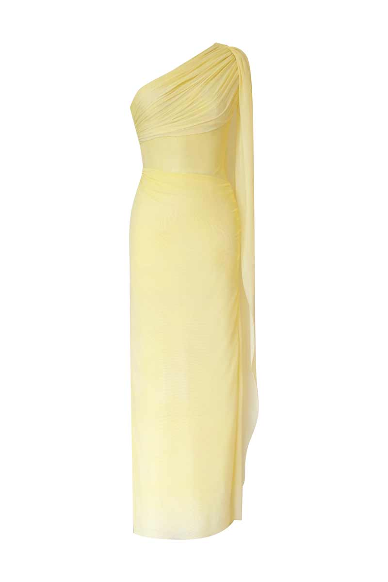 Rayane Bacha Stellamaris gown in butter yellow, flowing dress with elegant design, displayed on a model.
