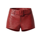 Red Sterling leather belted shorts by Double A, featuring a stylish fit and a matching leather belt.