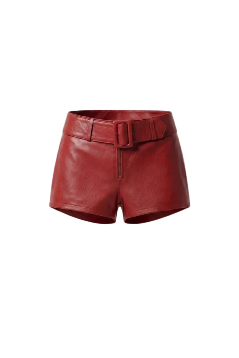 Red Sterling leather belted shorts by Double A, featuring a stylish fit and a matching leather belt.