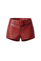 Red Sterling leather belted shorts by Double A, featuring a stylish fit and a matching leather belt.