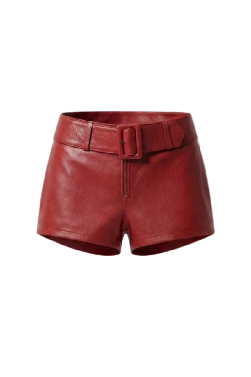 Red Sterling leather belted shorts by Double A, featuring a stylish fit and a matching leather belt.