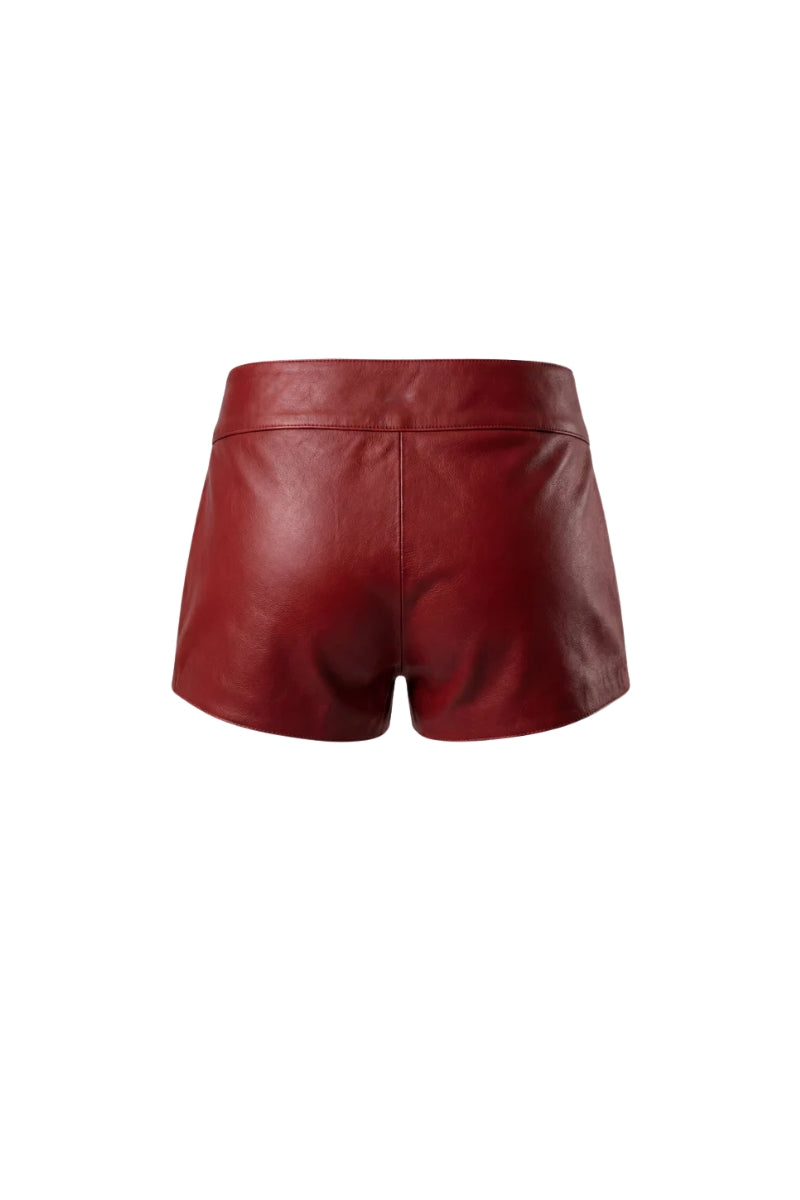 Red Sterling leather belted shorts by Double A, featuring a stylish fit and visible belt detail.