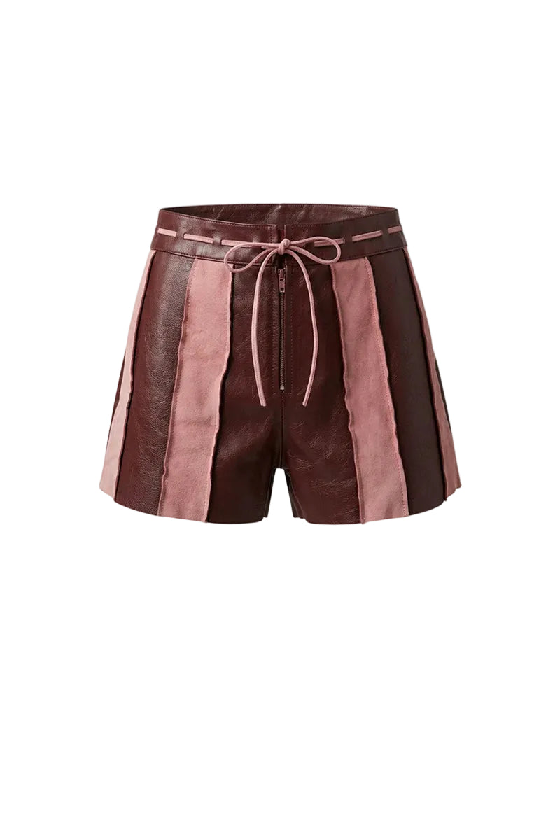 Double A sterling leather striped shorts in burgundy, showcasing a stylish short design with a textured leather finish.