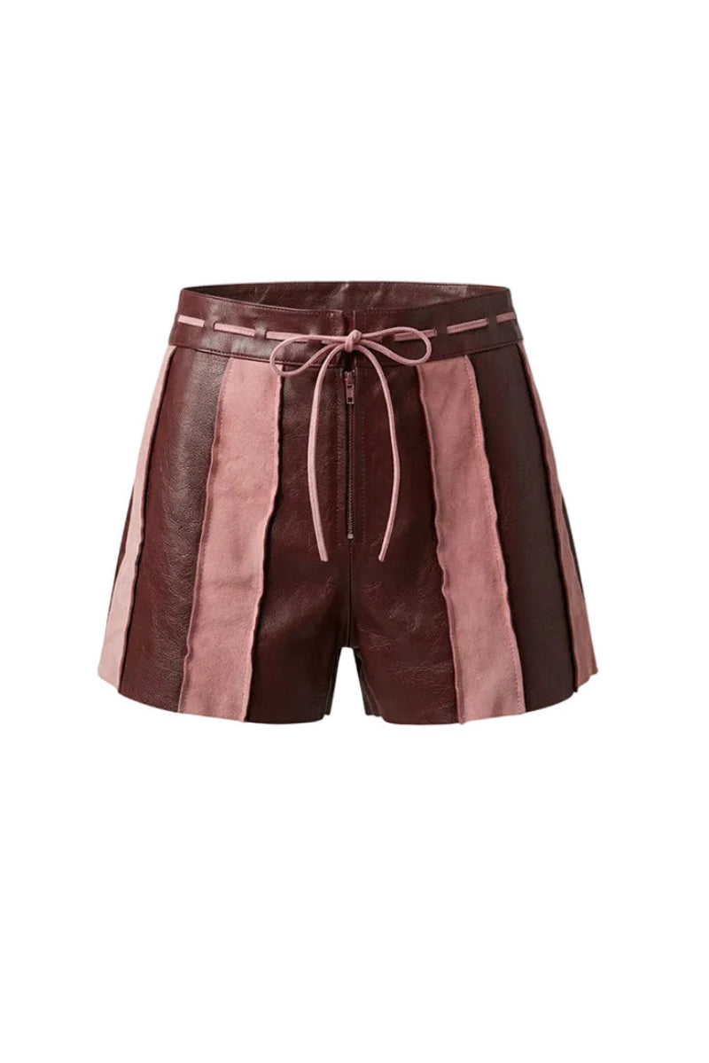 Double A sterling leather striped shorts in burgundy, featuring a stylish short design with bold stripe details.