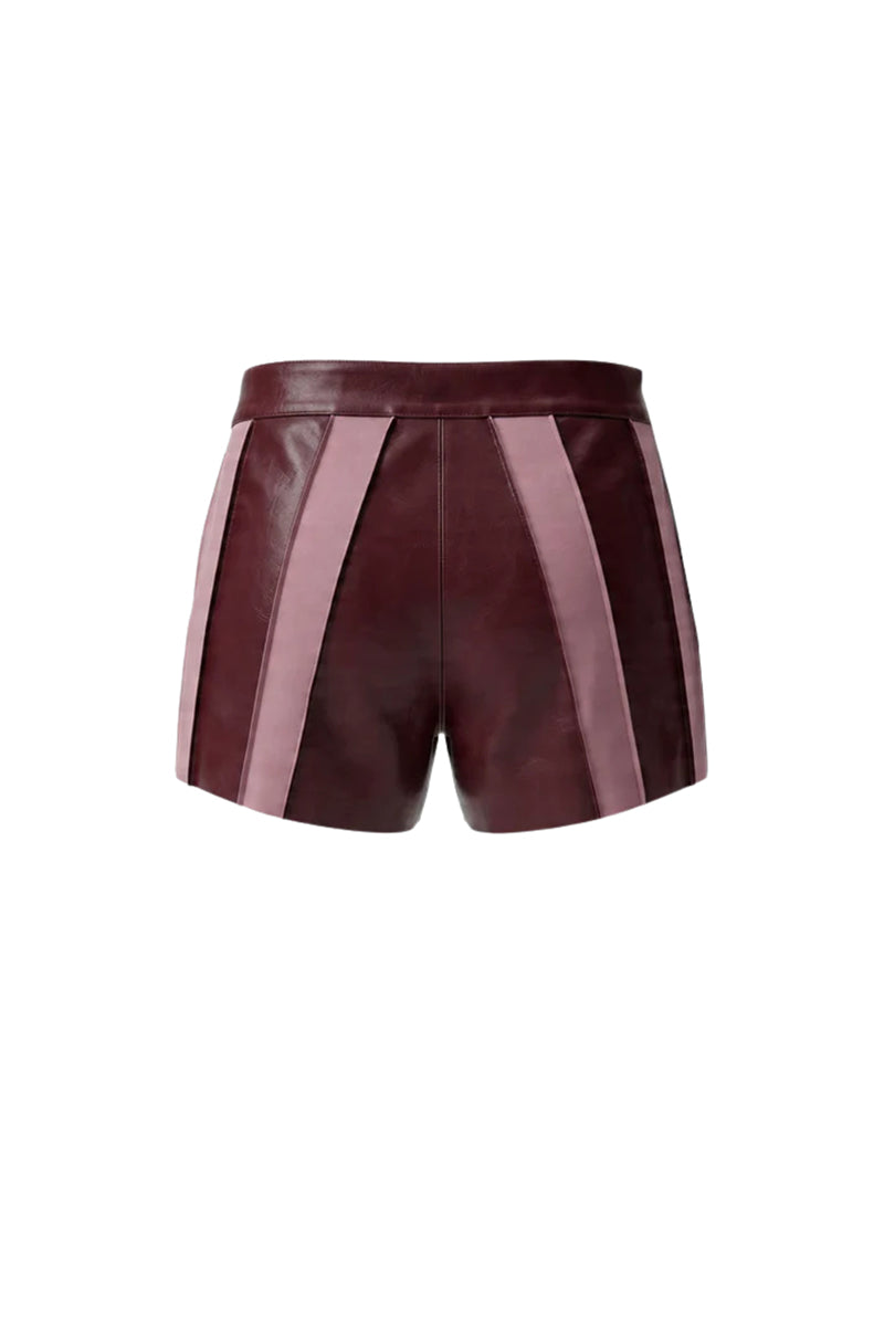 Double A sterling leather striped shorts in burgundy, featuring a stylish design with a smooth leather finish and striped pattern.