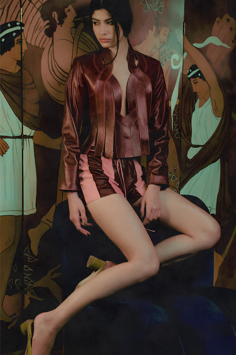 Double A sterling leather striped shorts in burgundy, featuring a stylish short design with a textured leather finish.