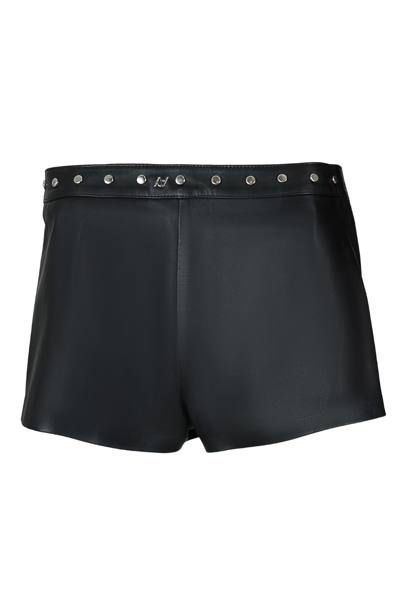 Black Sterling Leather Shorts by Double A, showcasing a sleek fit and high-quality leather material with stylish stitching details.