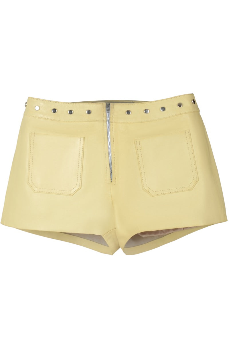 Yellow sterling leather shorts by Double A, showcasing a stylish fit and smooth leather texture.