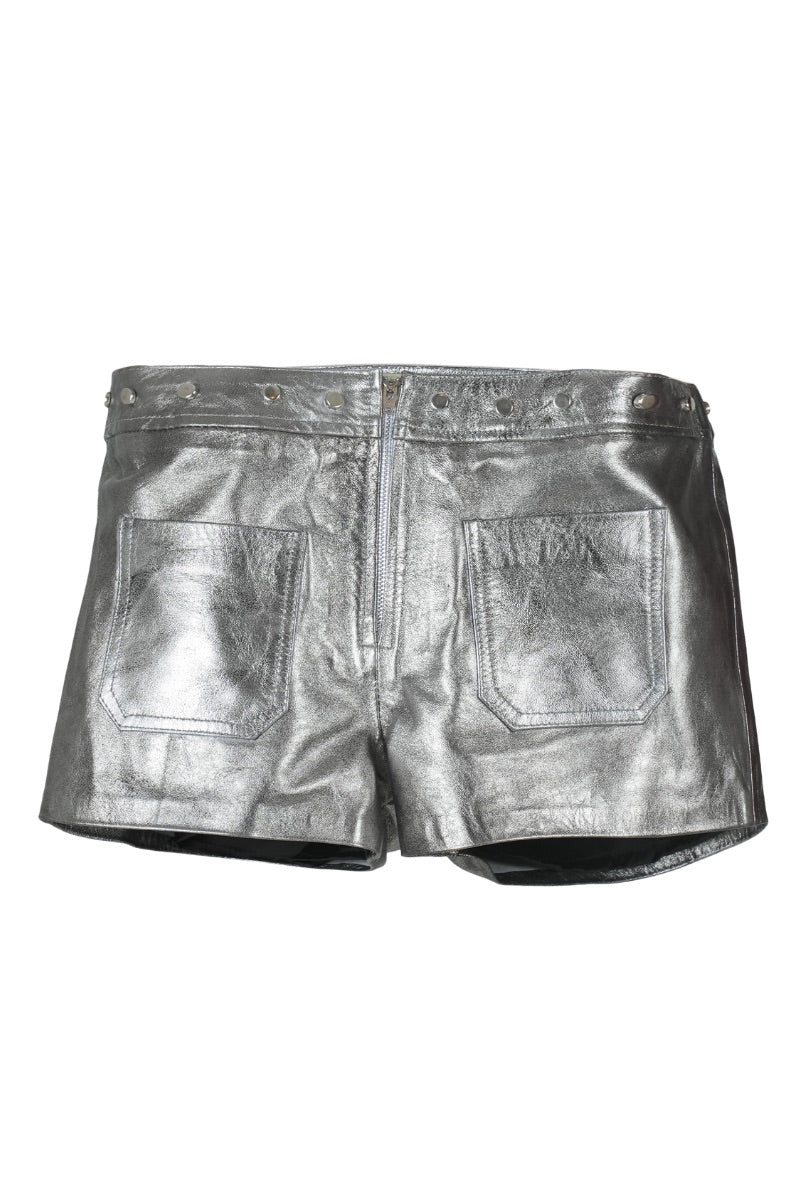 Double A Sterling leather shorts in washed silver with a tailored fit, showcasing a sleek, modern design.