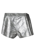 Double A sterling leather shorts in washed silver, showcasing their textured finish and stylish fit.