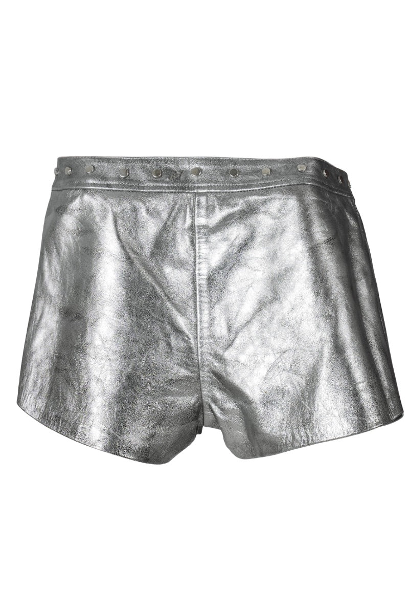 Double A sterling leather shorts in washed silver, showcasing their textured finish and stylish fit.