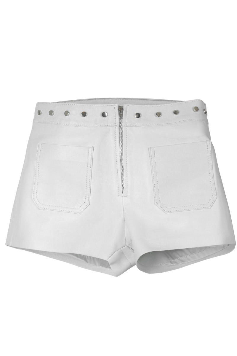 White Sterling Leather Shorts by Double A, stylish and fitted with a sleek leather finish, perfect for casual or trendy outfits.
