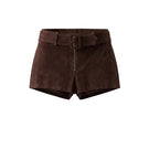 Brown Sterling suede belted shorts by Double A, showing a close-up of the textured suede fabric and matching belt detail.