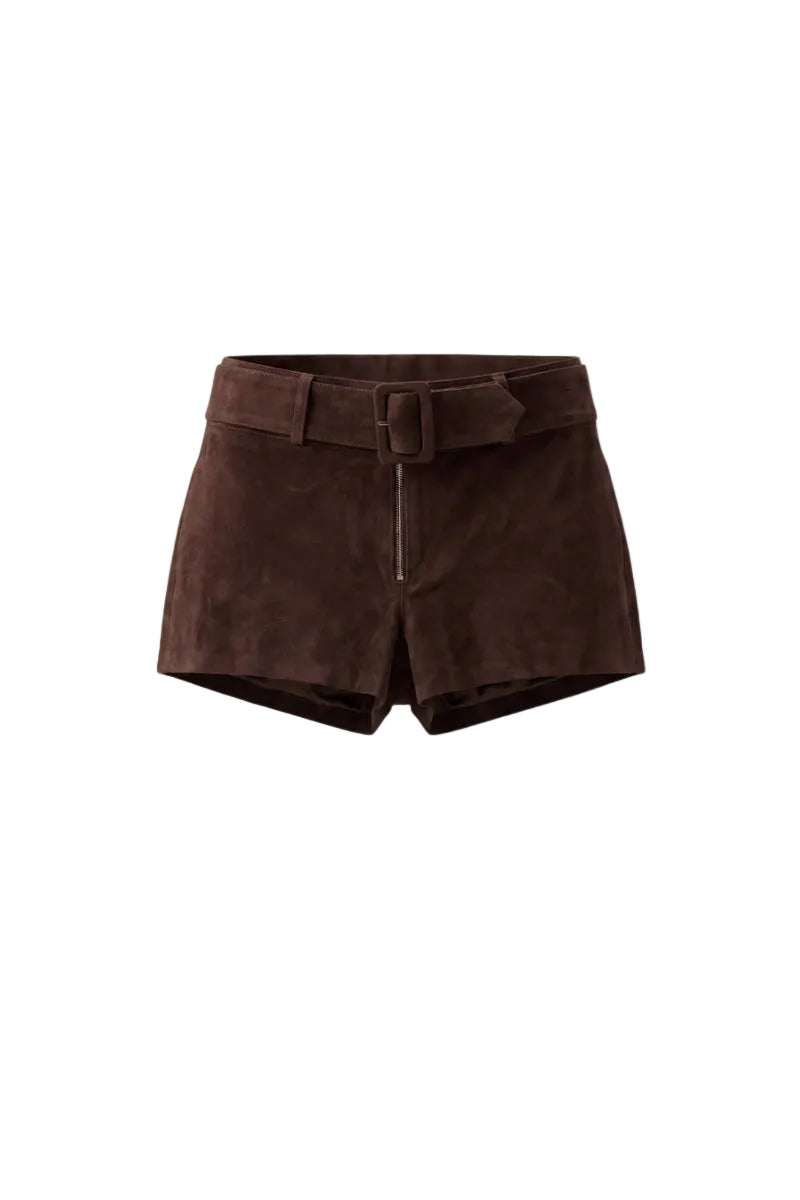 Double A Sterling suede belted shorts in brown, featuring a fitted waistband and tailored design, perfect for casual wear.