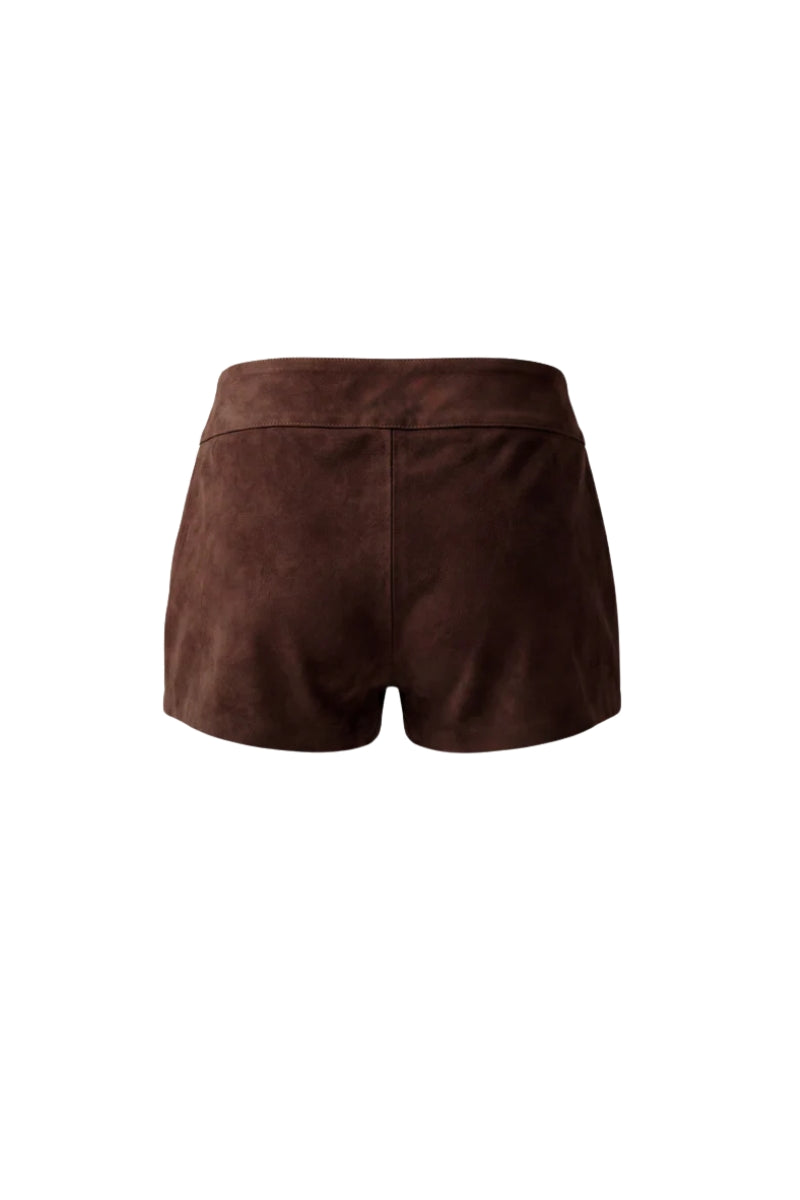 Brown Sterling suede belted shorts by Double A, featuring a stylish fit and belt detail, displayed on a neutral background.