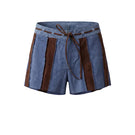 Blue Sterling suede striped shorts by Double A, showing the stylish waistband and soft suede fabric in a close-up view.