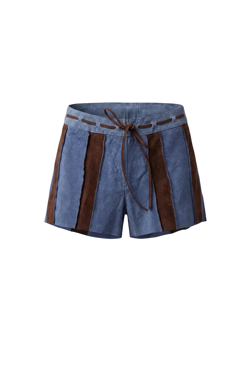 Blue Sterling suede striped shorts by Double A, featuring a stylish design and comfortable fit, shown on a model.