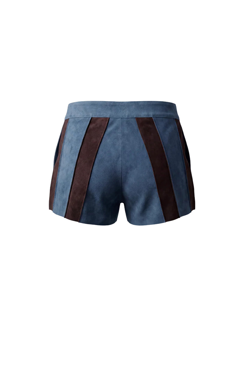 Blue sterling suede striped shorts by Double A featuring a stylish short design and bold striped pattern.
