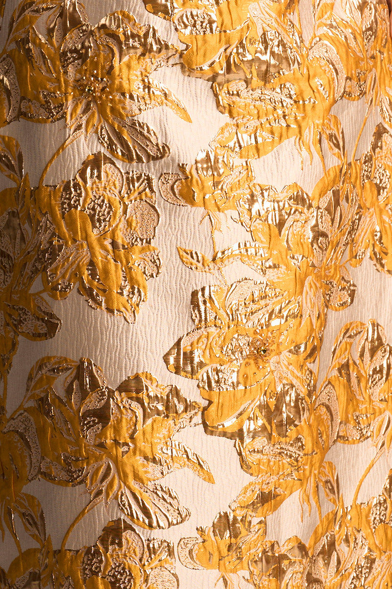 Yellow jacquard strapless ballgown by I.H.F with draped bow detail in agate silk for elegant occasion wear.