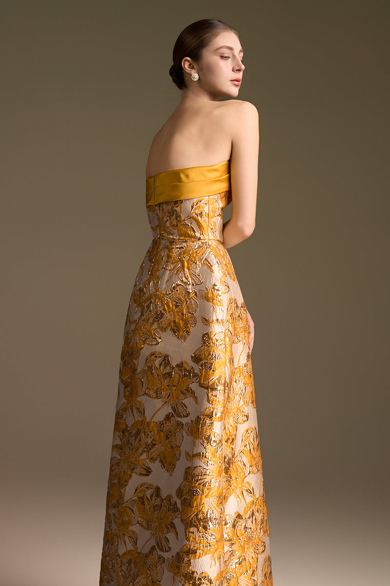 I.H.F CULT MIA X strapless yellow jacquard ballgown with draped bow detail in agate silk fabric